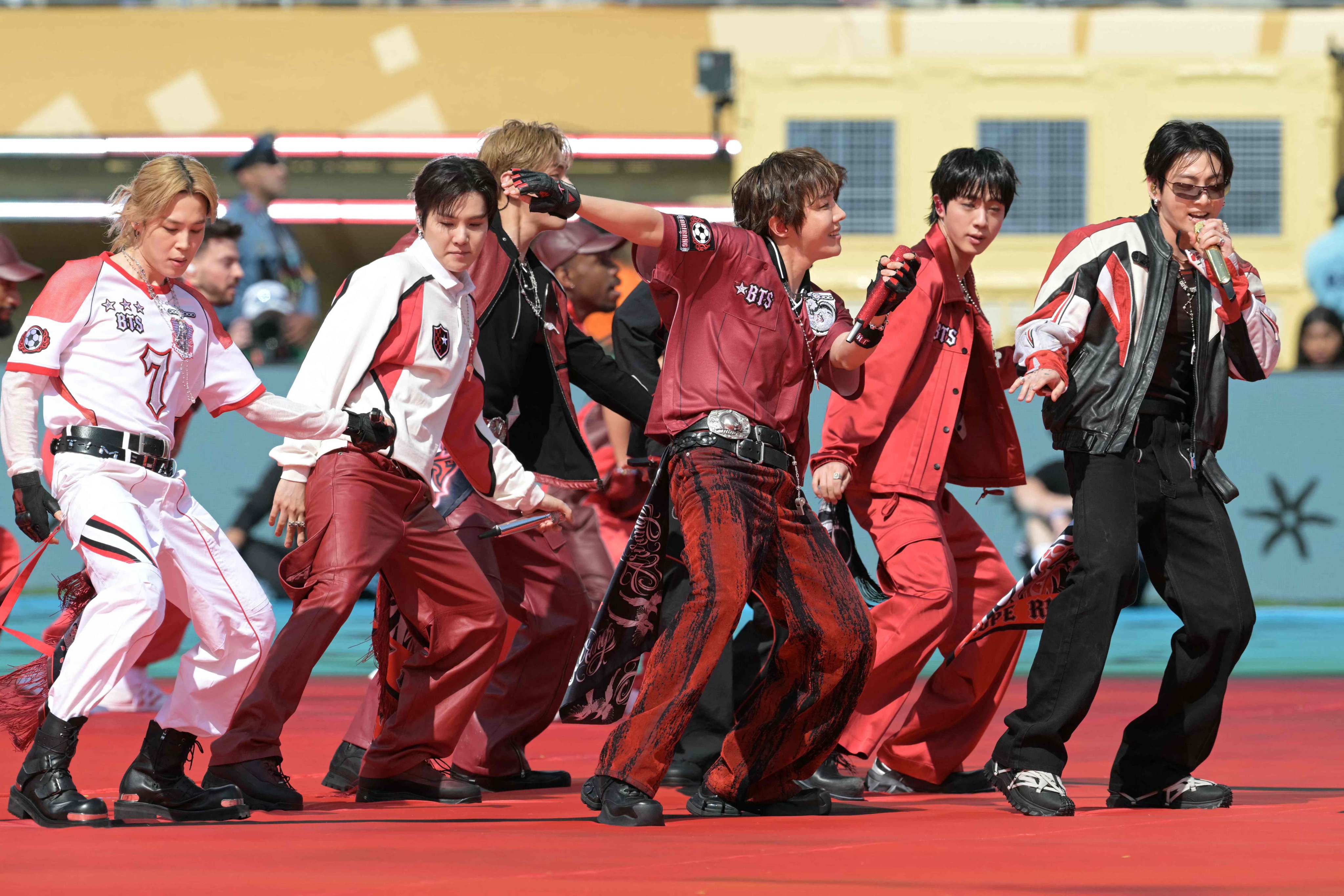 BTS idols perform during the football World Cup final match between Spain and Argentina at the New York/New Jersey Stadium in East Rutherford on July 19. Photo: AFP