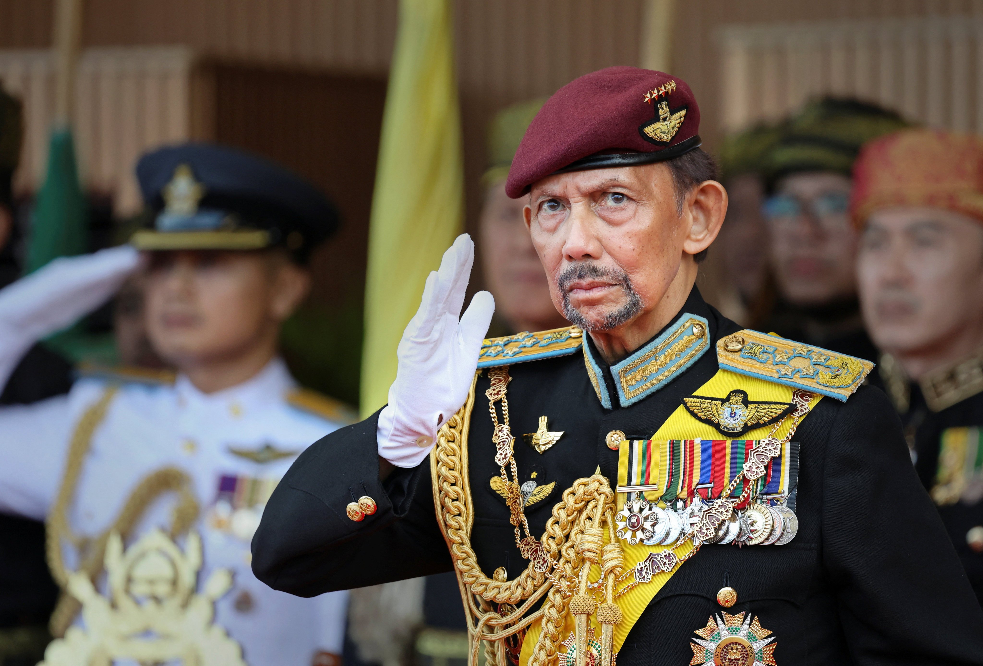 World’s longest-reigning living monarch, Brunei’s Sultan Hassanal Bolkiah, returns a salute during his 80th birthday celebrations at Taman Haji Sir Muda Omar ‘Ali Saifuddien in Bandar Seri Begawan, Brunei July 15. Photo: Reuters