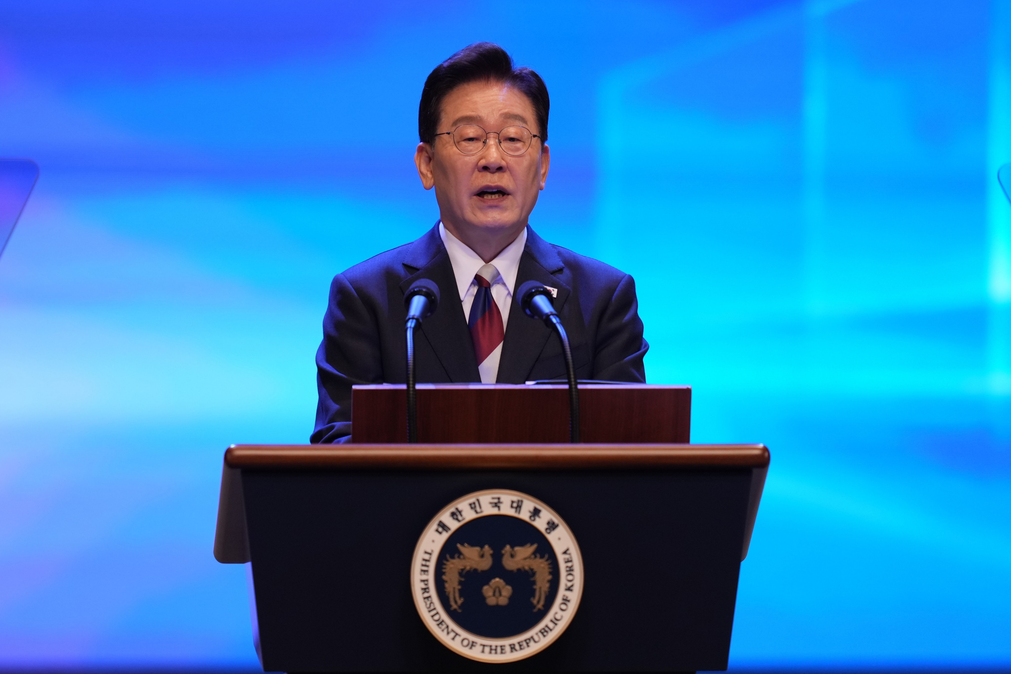 South Korean President Lee Jae Myung speaks during a ceremony to celebrate the 81st anniversary of the Korean Liberation Day in Seoul on Saturday. Photo: EPA