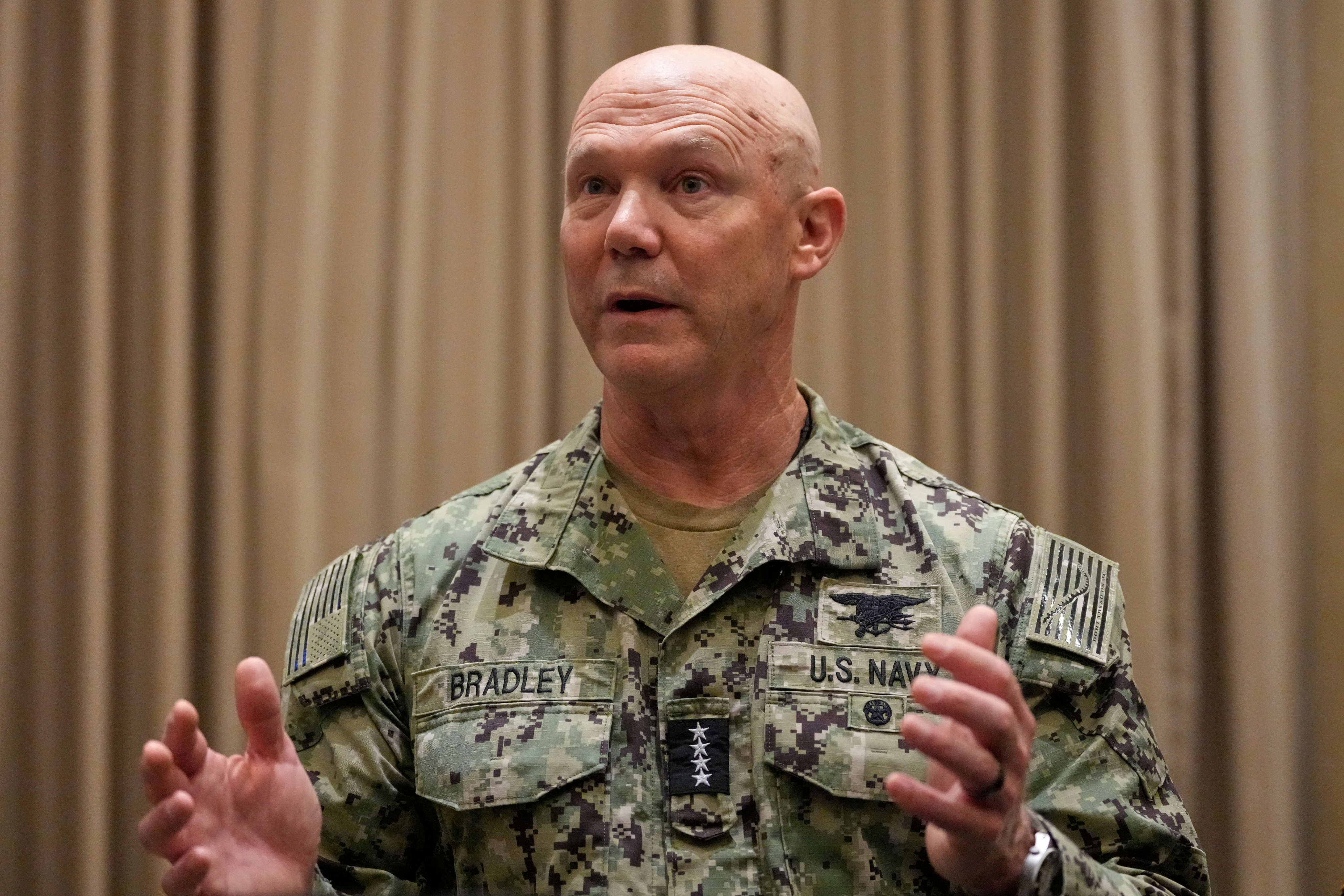 US Navy Admiral Frank Bradley, commander of US Special Operation Command, speaks during an interview on August 13 in Makati city, Philippines. Photo: AP