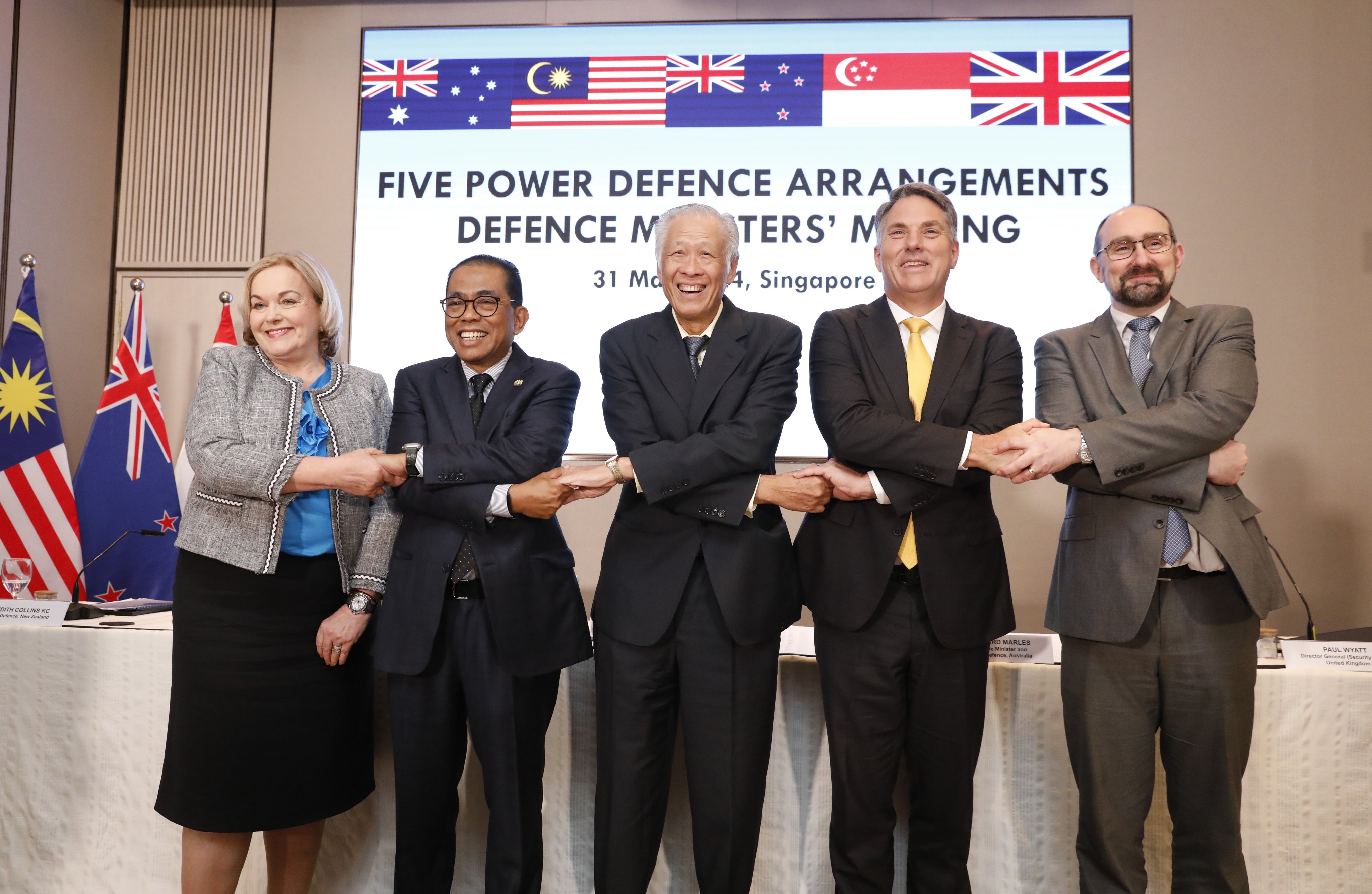 Malaysian Defence Minister Mohamed Khaled Nordin (second from left) and his counterparts from New Zealand Singapore and Australia, and UK Director General (Security Policy) Paul Wyatt (right) meet a group photo at the Five Power Defence Arrangements Defence Ministers’ Meeting in Singapore in 2024. Photo: EPA