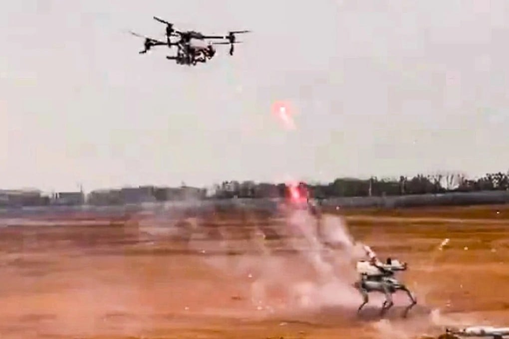 A 10-second viral video depicting a firefight between a drone and a robotic dog has sparked plenty of reaction on Chinese social media. Photo: Weibo