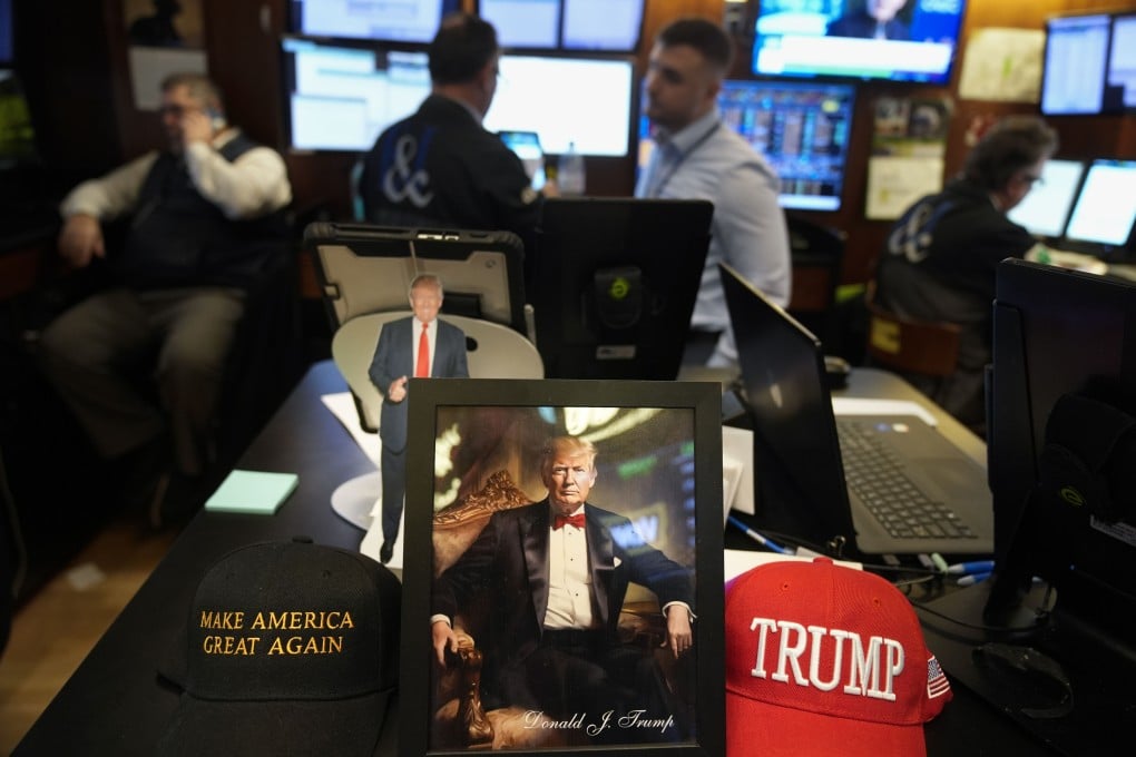 Paraphernalia supporting President Donald Trump is displayed at a post on the floor of the New York Stock Exchange on January 21, 2025. Photo: AP