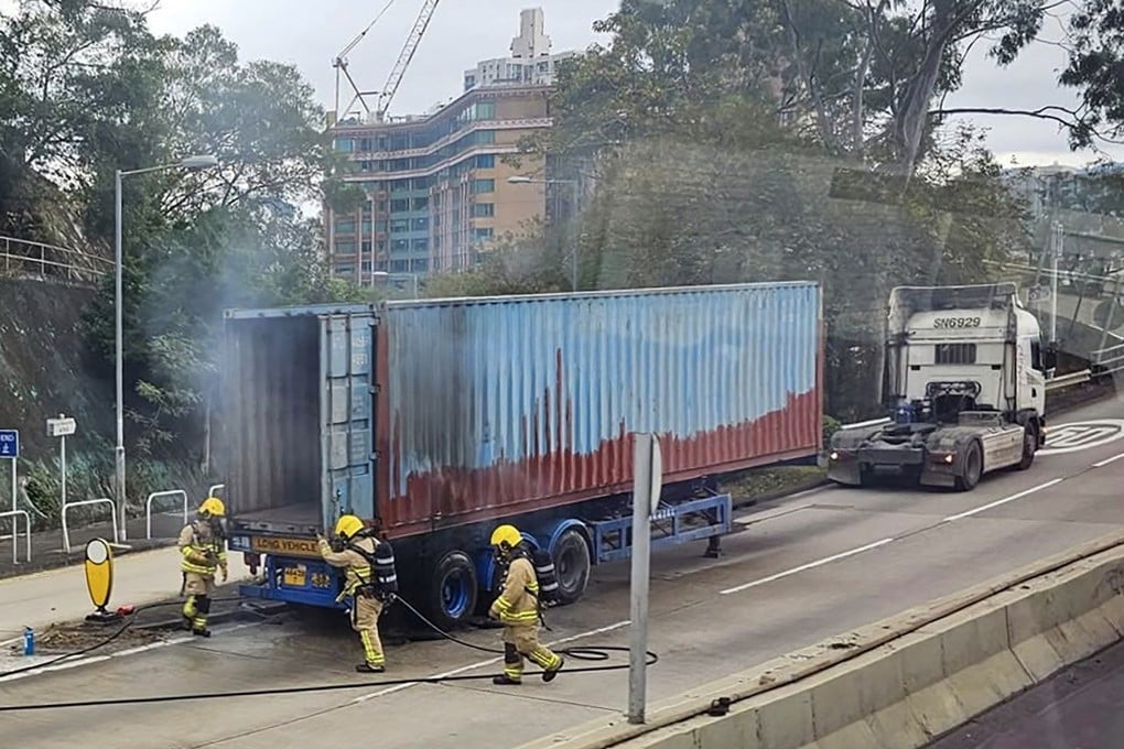 A driver spotted that a container truck heading south towards Kowloon was on fire. Photo: Facebook/Wong Calvin