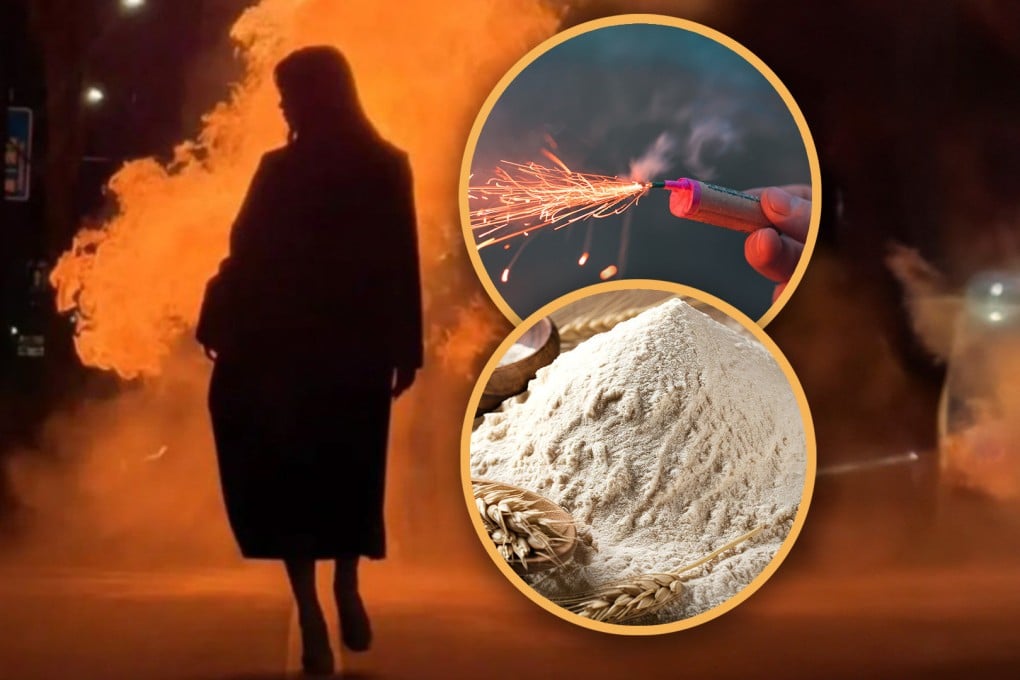 Chinese youth are using firecrackers to fry plain flour for mushroom cloud photos, raising safety concerns from firefighters. Photo: SCMP composite/Shutterstock/RedNote