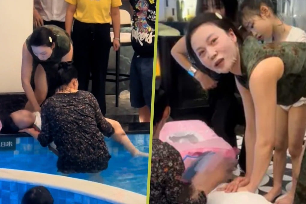 A woman in China has been dubbed “qipao superwoman” on social media after she saved a drowning girl while relaxing by a hotel pool wearing a facial treatment mask and a traditional Chinese dress. Photo: SCMP composite/Douyin