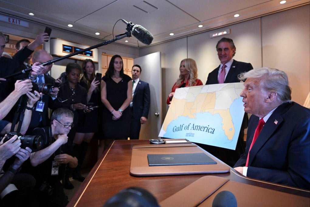 US President Donald Trump speaks to the press before signing a proclamation renaming the Gulf of Mexico as the Gulf of America, aboard Air Force One on February 9. Photo: AFP