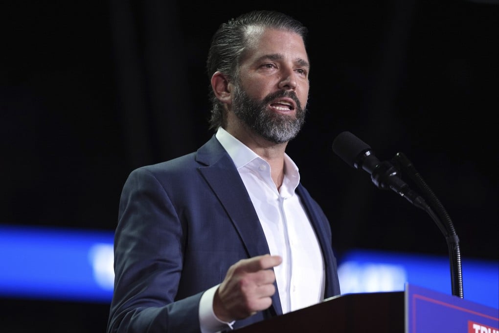 Donald Trump Jnr speaks at a campaign rally on November 5, 2024, in Grand Rapids, Michigan. Photo: AP