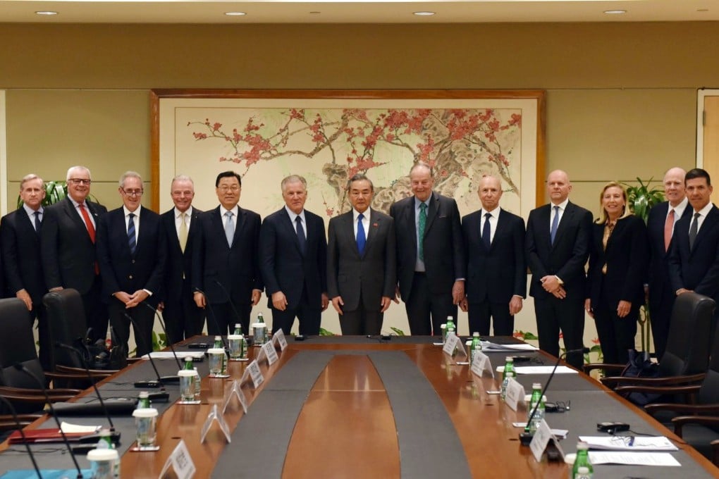 Chinese Foreign Minister Wang Yi (centre right) meets representatives of US businesses and think tanks in New York on Tuesday. Photo: US-China Business Council