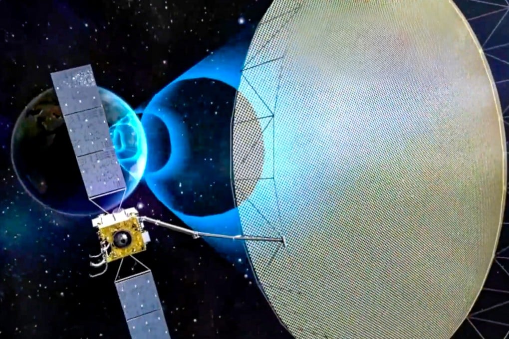 A rendering of radar satellite Ludi Tance 4-01 after it was launched in 2023. The orbiter is equipped with a “space power combination” system that merges multiple microwave beams in mid-space. Image: CGTN