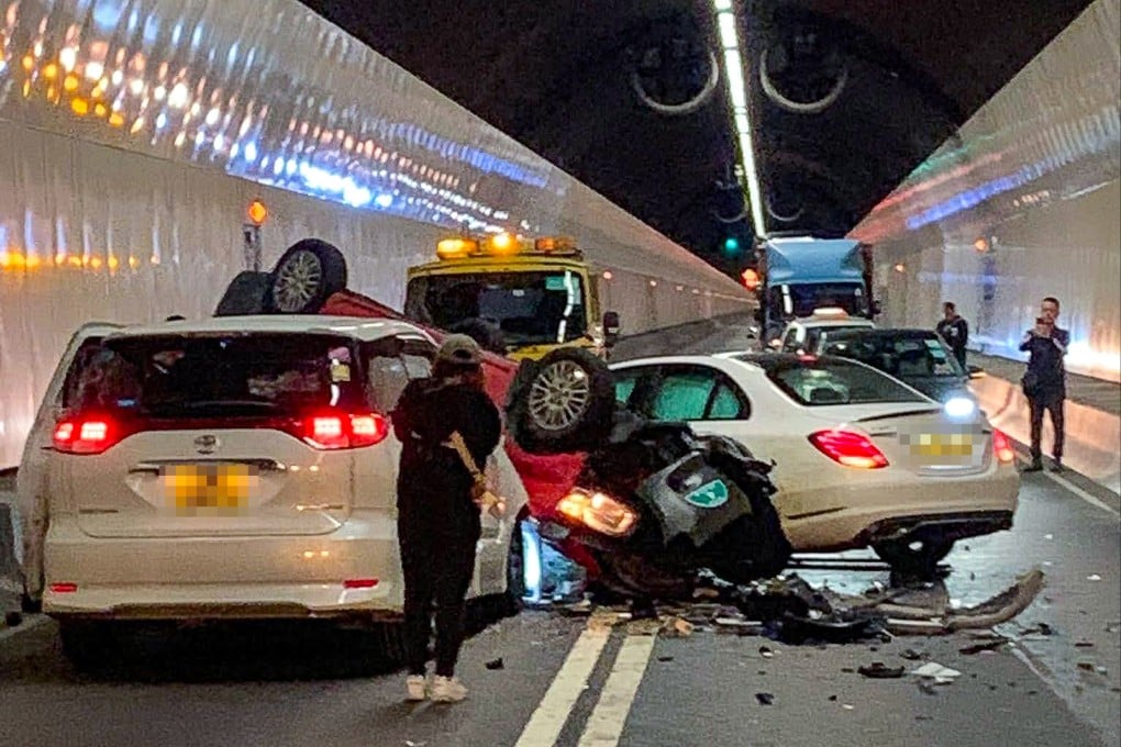 Four people have been injured after a vehicle collided head-on with a taxi traveling in the opposite direction inside Shing Mun Tunnel. Photo: Handout