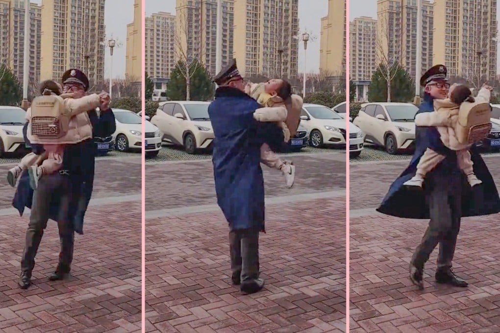A kindergarten security guard in China has wowed millions of people online after he waltzed with a little girl who was upset because her mother was late in picking her up. Photo: SCMP composite/Douyin