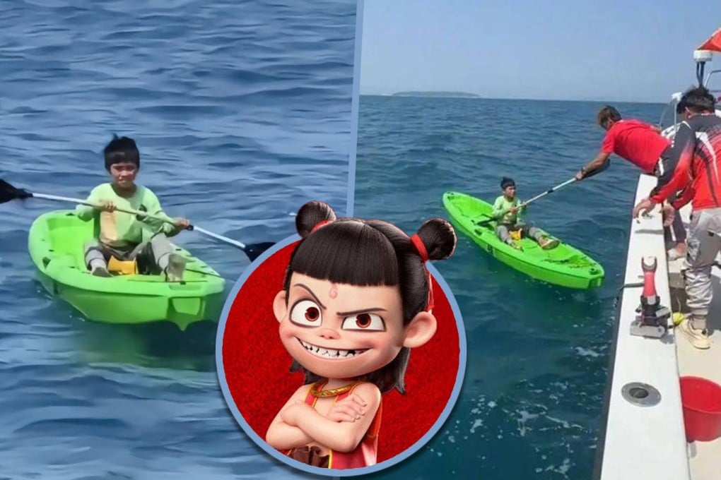 A 10-year-old boy in China has been dubbed a “‘real-life Ne Zha” after he secretly took a boat to go fishing and was cast adrift for 24 hours before being rescued. Photo: SCMP composite/Douyin/Weibo