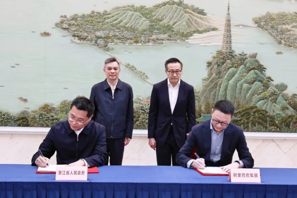 Representatives from Alibaba and Ant Group attend a signing ceremony in Hangzhou with Zhejiang’s governor and deputy governor. Photo: Handout