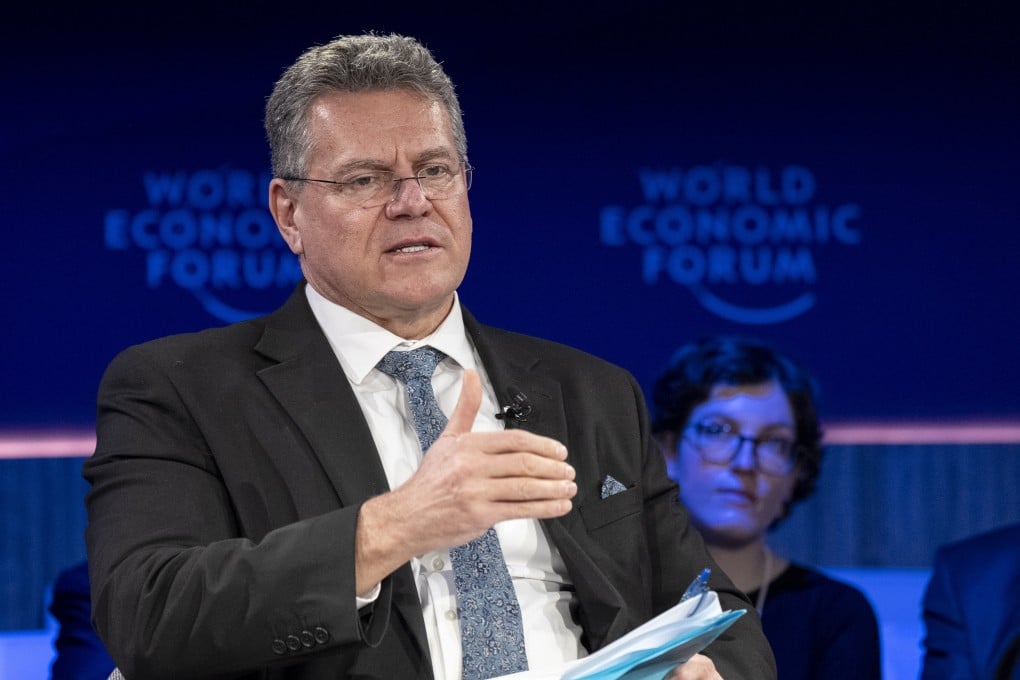 EU Commissioner for Trade and Economic Security, Interinstitutional Relations and Transparency Maros Sefcovic speaks at the World Economic Forum (WEF) annual meeting. Photo: Faruk Pinjo/World Economic Forum/dpa