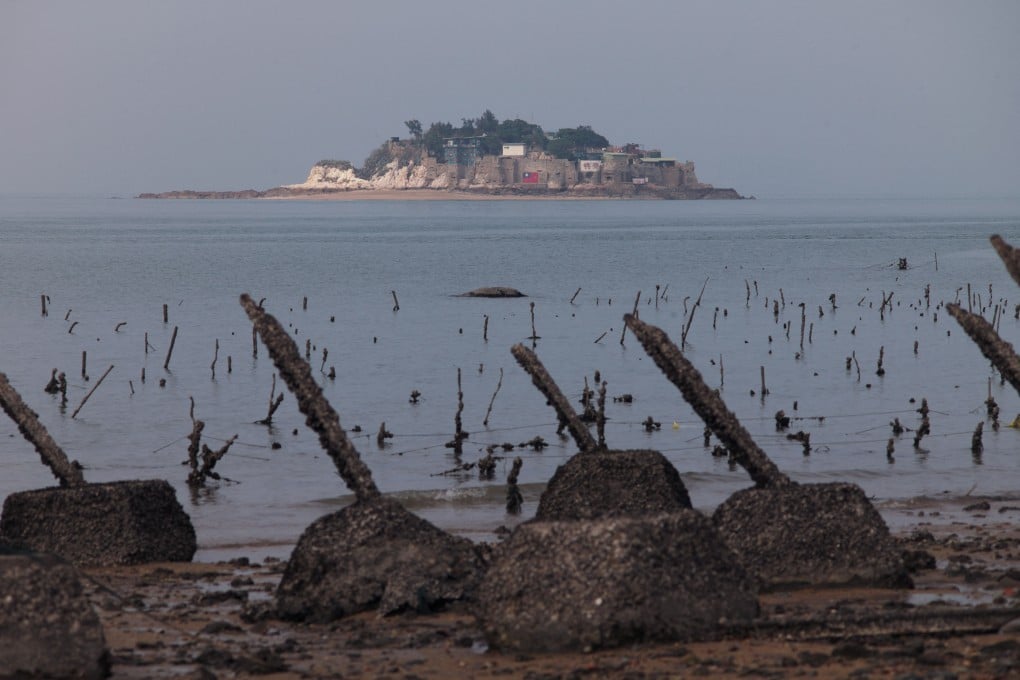 Taiwan’s remote Shiyu islet, seen from behind anti-landing spikes on the frontline island of Little Quemoy, or Kinmen. Photo: AFP