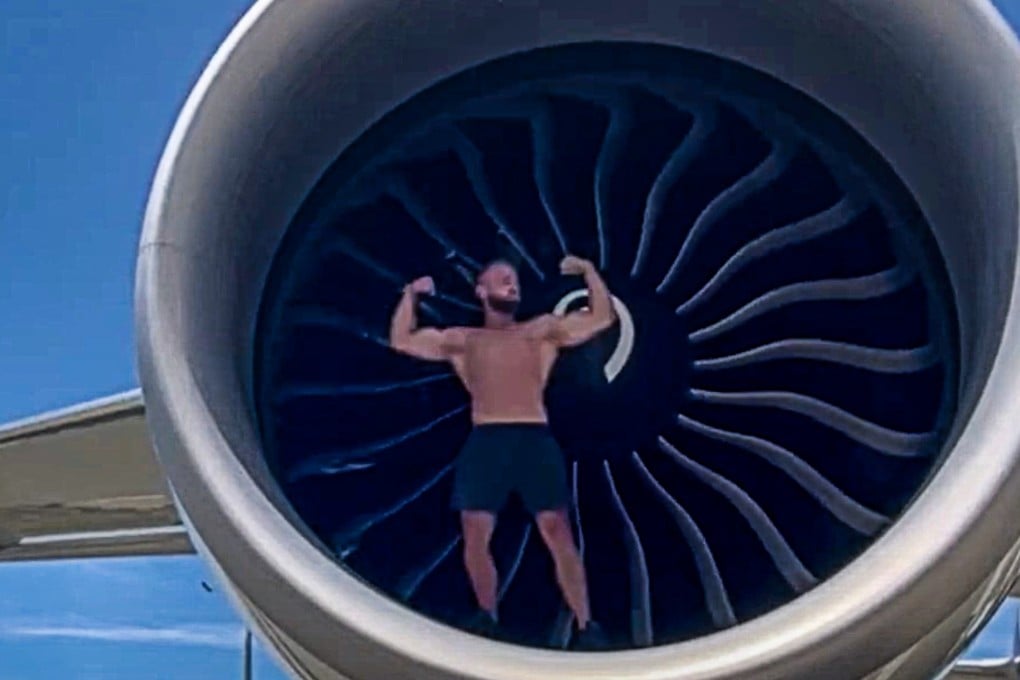 A former luggage handler faces charges for filming shirtless exercising video inside a working aircraft turbine in the restricted area of the Sydney Airport. Photo: handout