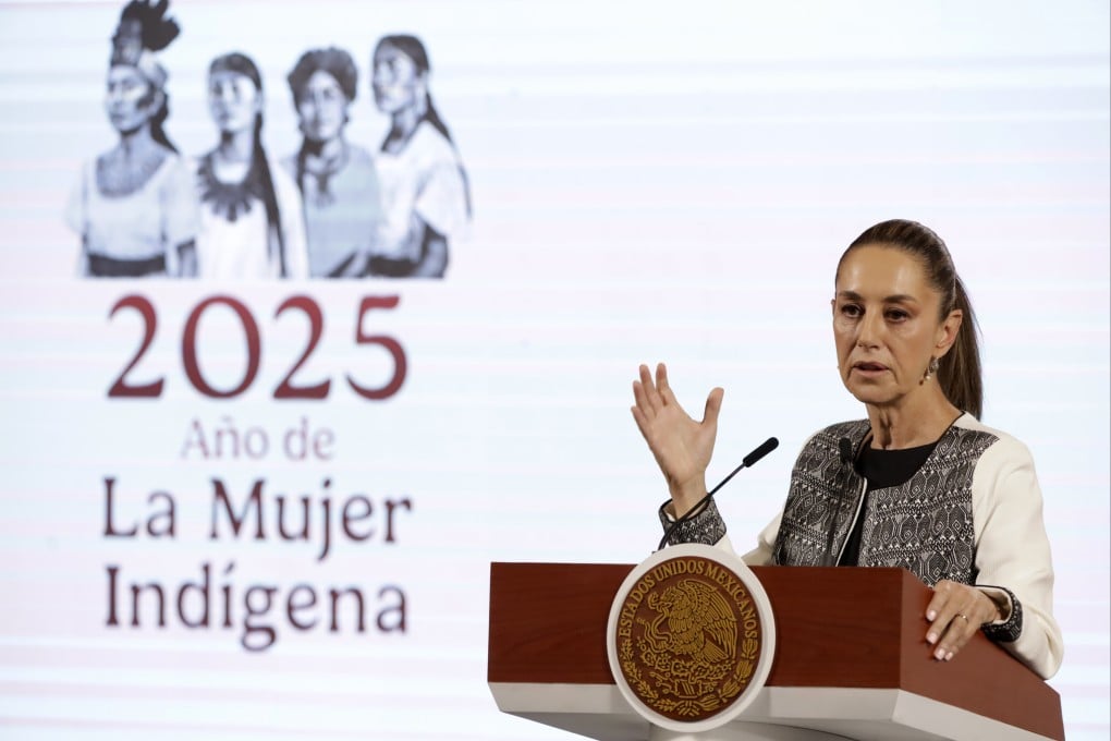 Mexico’s President Claudia Sheinbaum speaks during a press conference on US tariffs at the National Palace in Mexico City on Thursday. Photo: eyepix via ZUMA Press Wire / dpa