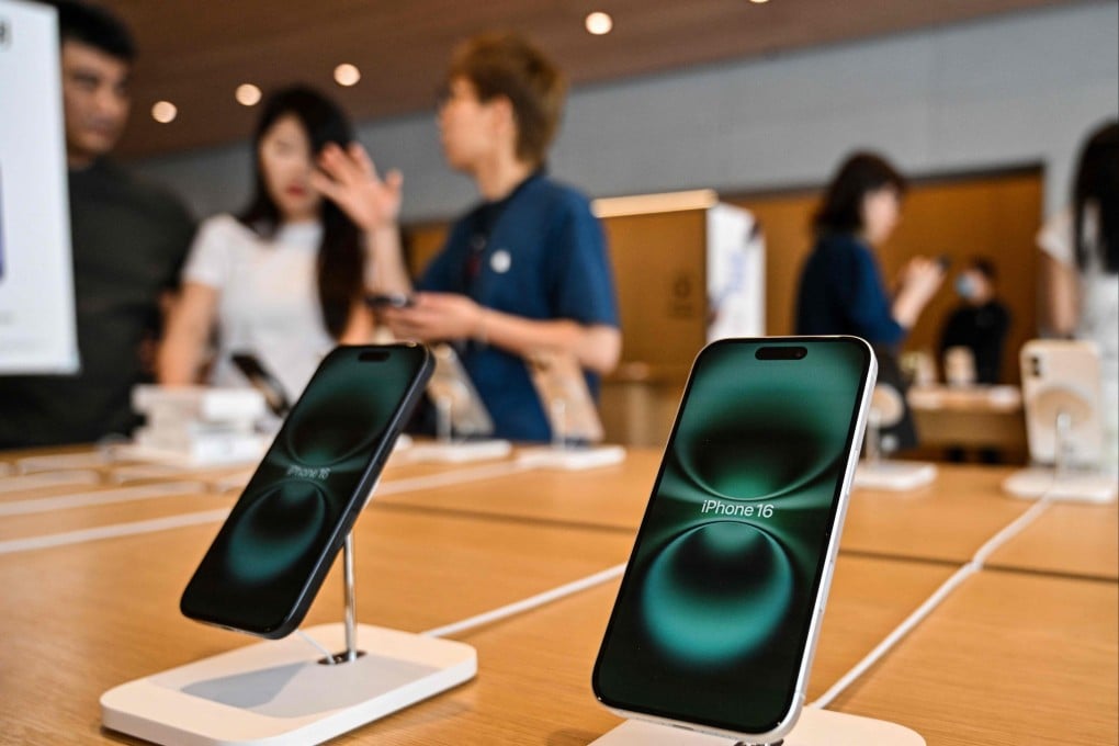 The iPhone 16 displayed at an Apple Store in Shanghai on April 10. Photo: AFP
