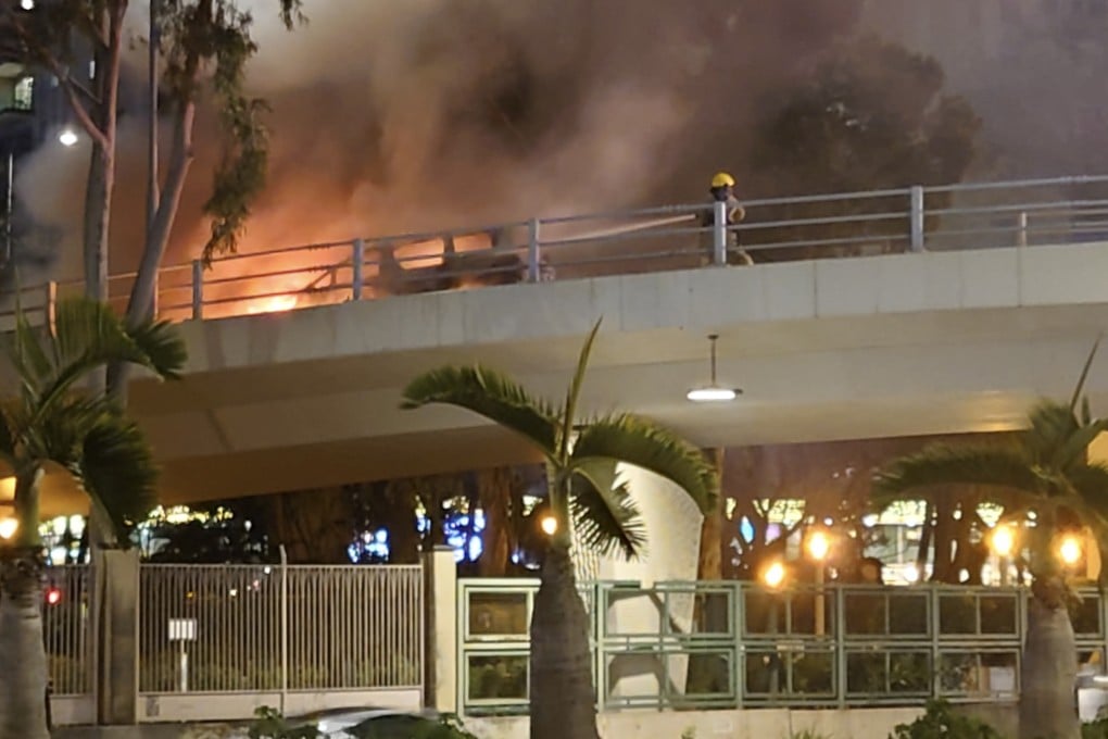 At about 7.15pm, the vehicle was seen on fire on the westbound Gloucester Road flyover near Victoria Park. Photo: Antony Dickson