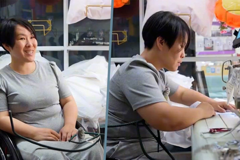 A disabled woman repairs clothes using her stomach muscles to operate a sewing machine. Photo: SCMP Composite/Douyin