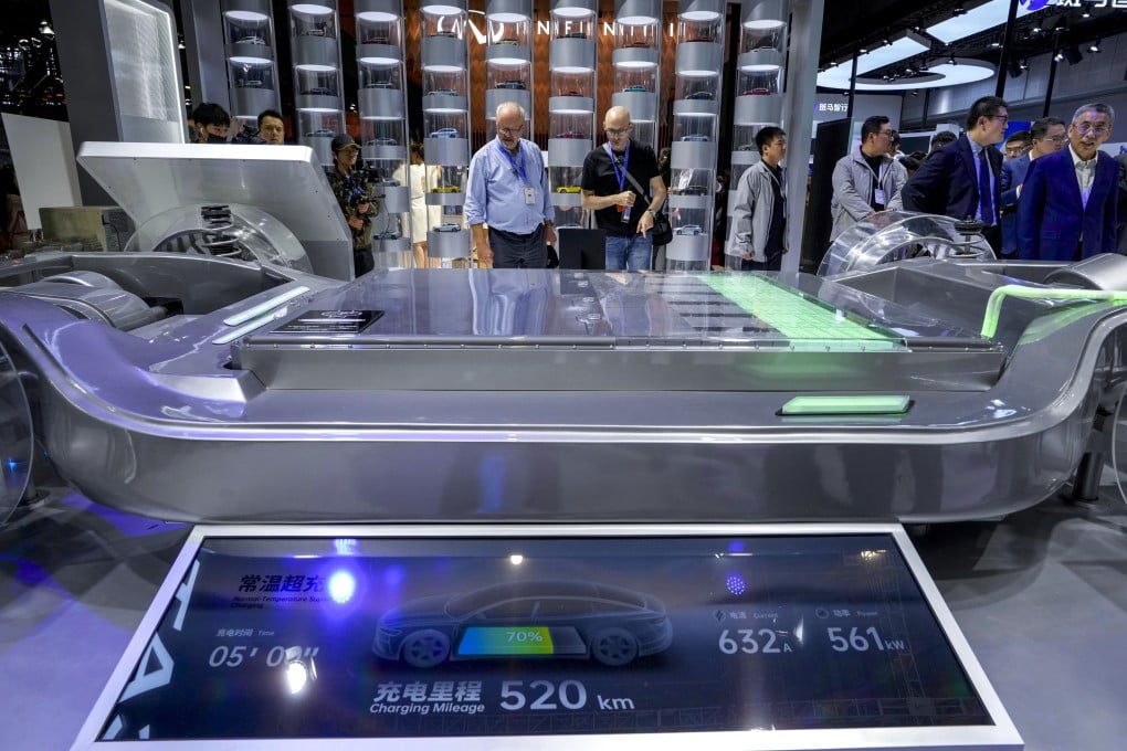 Visitors look at Contemporary Amperex’s fast-charging battery at the Shanghai Auto Show on Wednesday. Photo: AP
