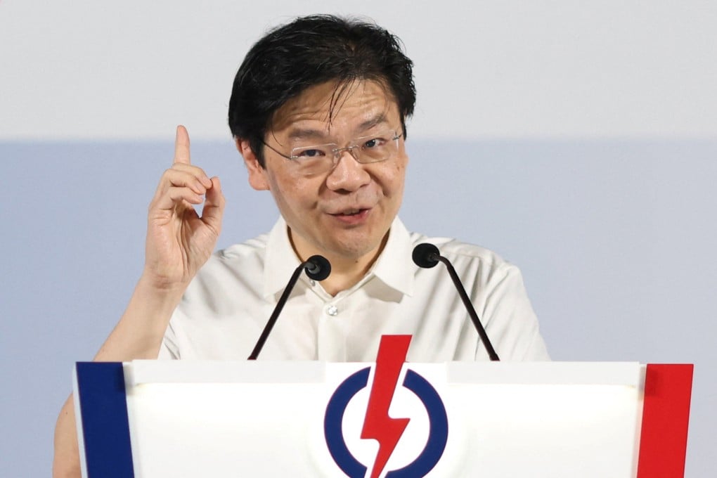 Singapore’s Prime Minister Lawrence Wong speaks at a People’s Action Party rally on Saturday ahead of the city state’s general election. Photo: Reuters