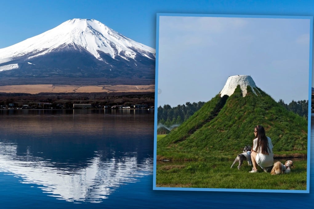China’s internet users mocked a tourist destination in the mainland that features a hilltop painted white to mimic Mount Fuji. Photo: SCMP composite/Shutterstock/RedNote