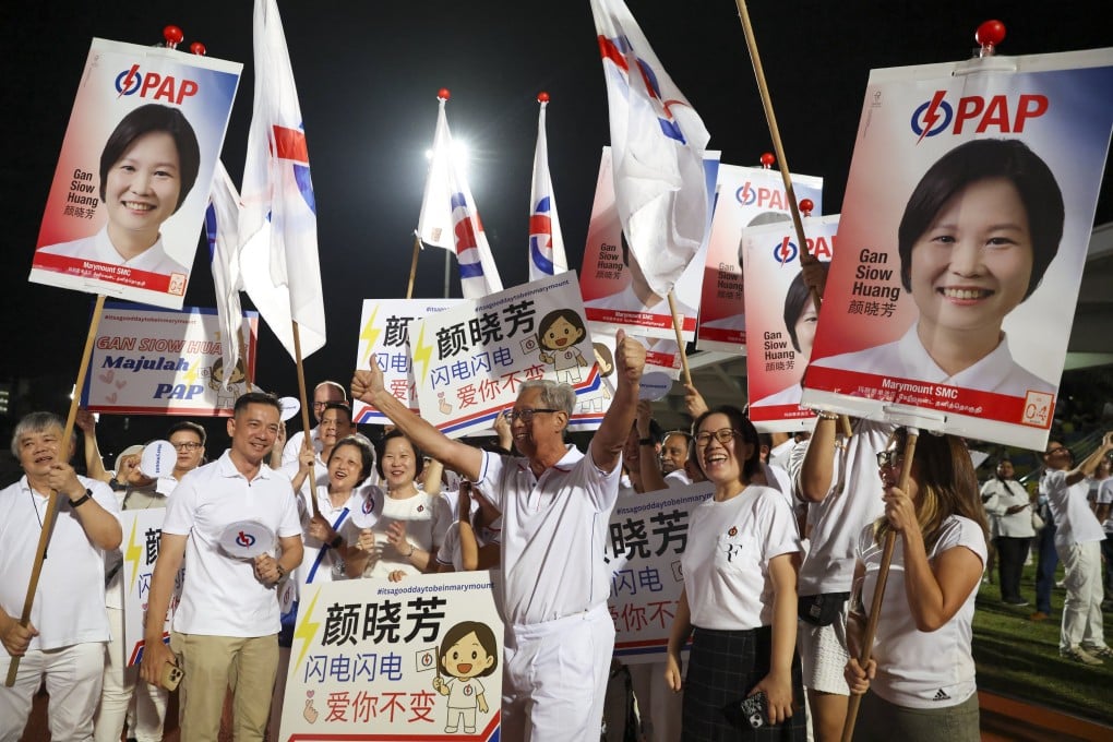 People’s Action Party winning candidate Gan Siow Huang arrives at a venue as the May 3 election results unfold. Photo: EPA-EFE