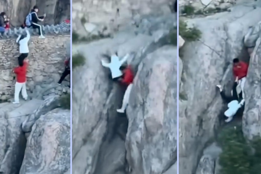 A Chinese couple nearly fell off a cliff while climbing over a wall to bypass long tourist queues on a mountain in the east of the country. Photo: SCMP composite/QQ.com