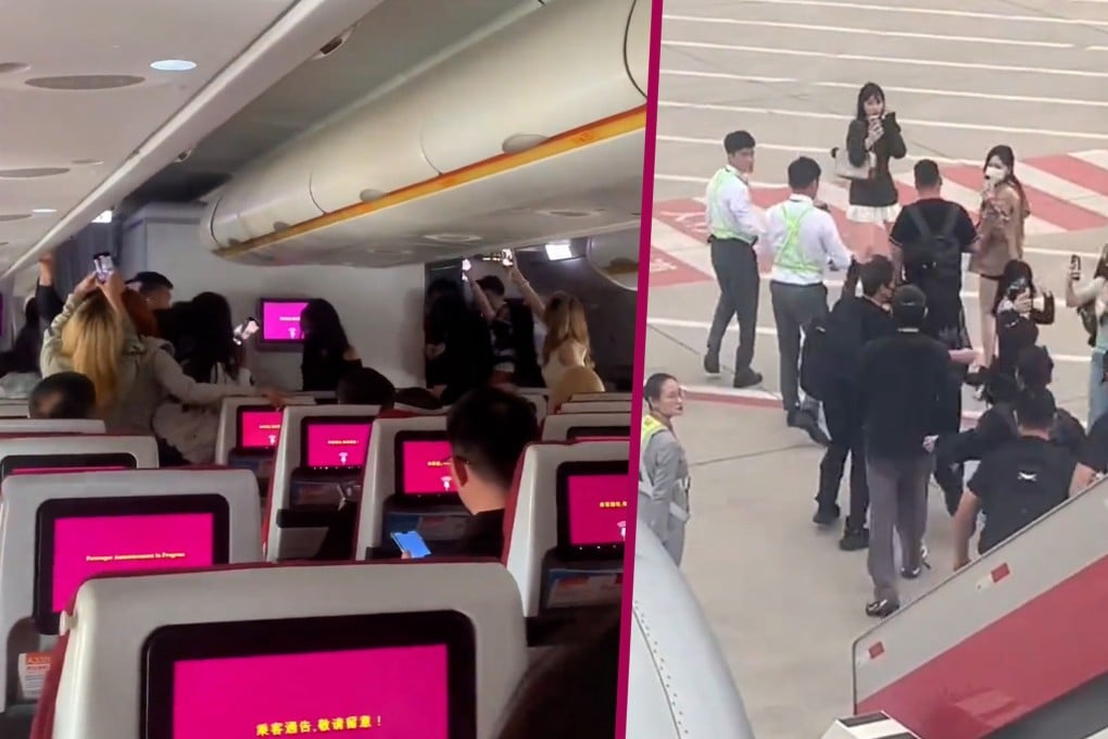 A group of Chinese boy band fans have been condemned after they chased their idols onto a flight, ignored safety warnings and disturbed their fellow passengers. Photo: SCMP composite/Douyin