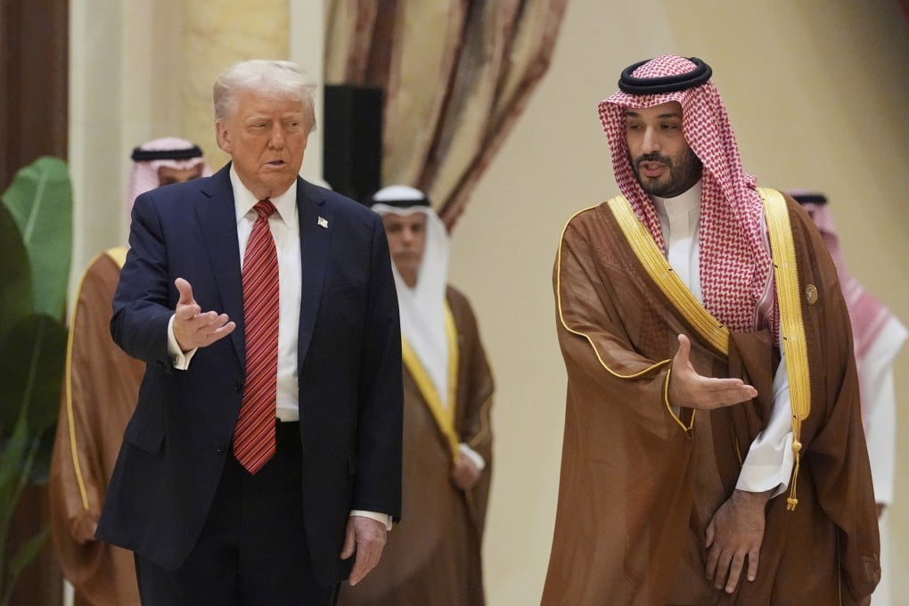 US President Donald Trump arrives with Saudi Arabia’s Crown Prince Mohammed bin Salman at the Gulf Cooperation Council Summit in Riyadh on May 14, 2025. Photo: AP