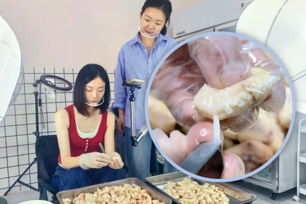 A shop owner in China has seen her profits soar after she began live streaming herself plucking feathers from the rear ends of chickens. Photo: SCMP composite/QQ.com/Douyin