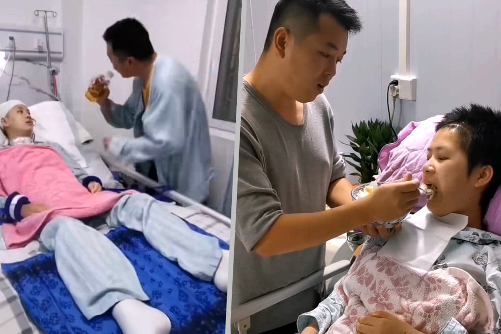 The selfless actions of a Chinese husband who sang and danced for his vegetative wife every day have finally awakened her. Photo: SCMP composite/Douyin
