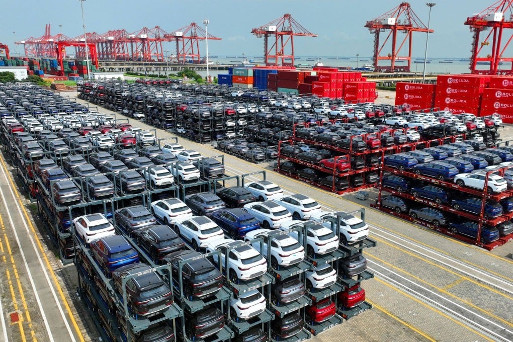 BYD electric cars waiting to be loaded on a ship are stacked at the international container terminal of Taicang Port in Suzhou, Jiangsu Province in September 2024. Photo: AFP