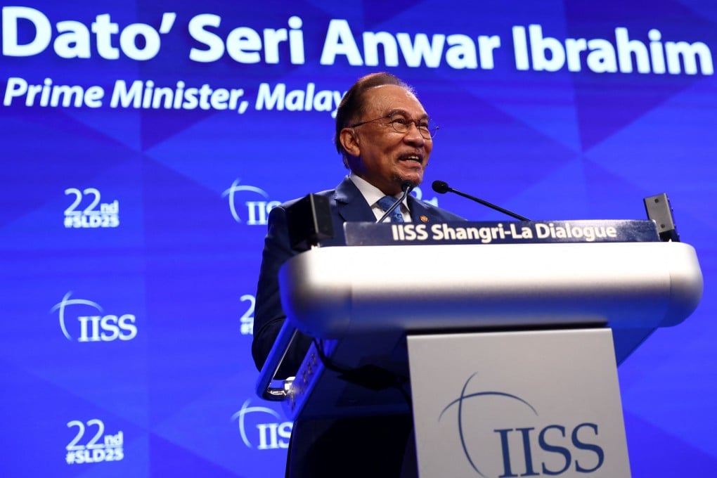 Malaysian Prime Minister Anwar Ibrahim speaking at the Shangri-La Dialogue on May 31. Photo: Reuters