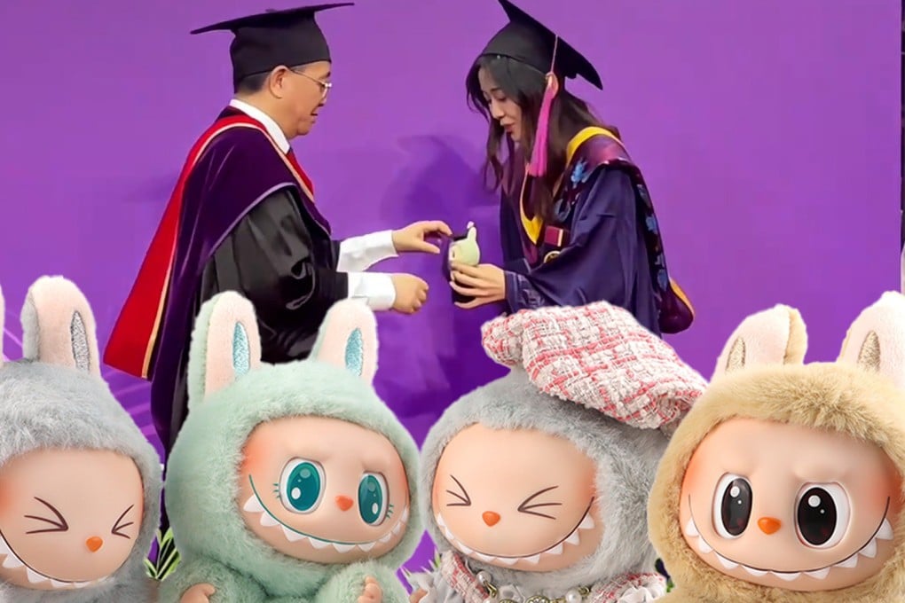 A Chinese student who took a Labubu toy to her graduation ceremony has sparked a heated online debate about academic protocol after the institution’s vice-president pulled the toy’s tassel. Photo: SCMP composite/Shutterstock/Douyin