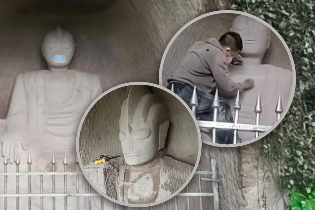 An official investigation has been launched into a man in China who carved a Buddha figure which resembles a Japanese superhero into a hillside. Photo: SCMP composite/RedNote/Douyin
