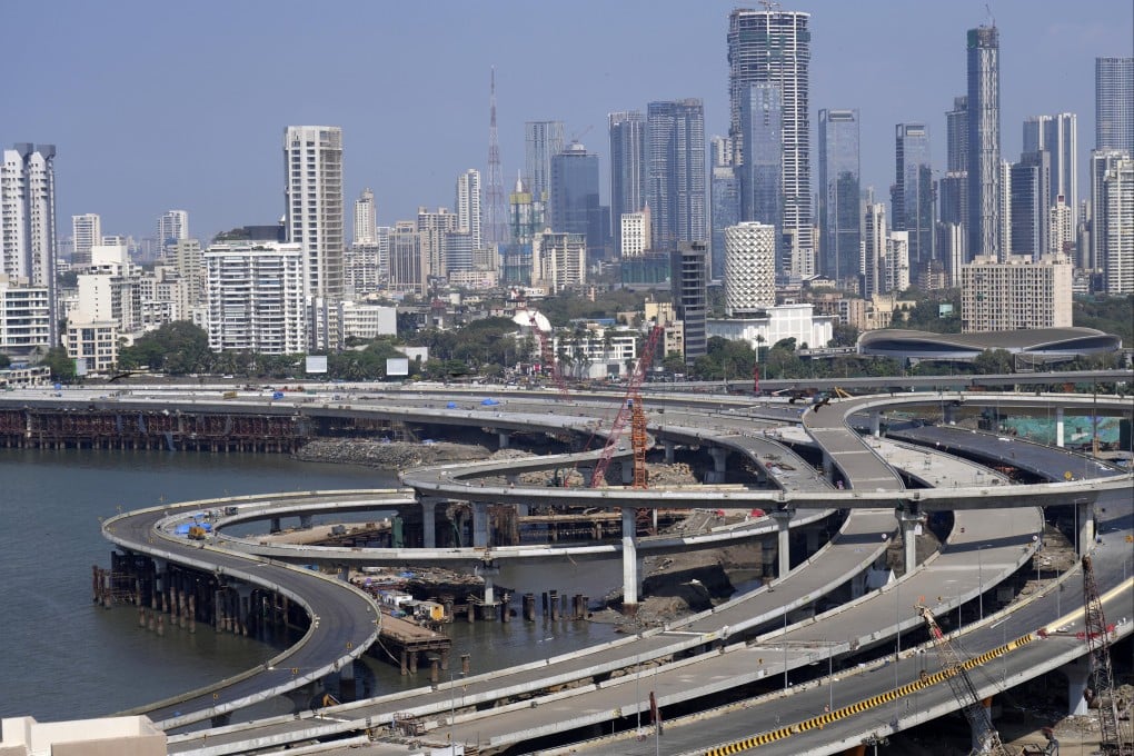 A coastal road project is seen in front of the skyline of Mumbai on February 1, 2024. Photo: AP