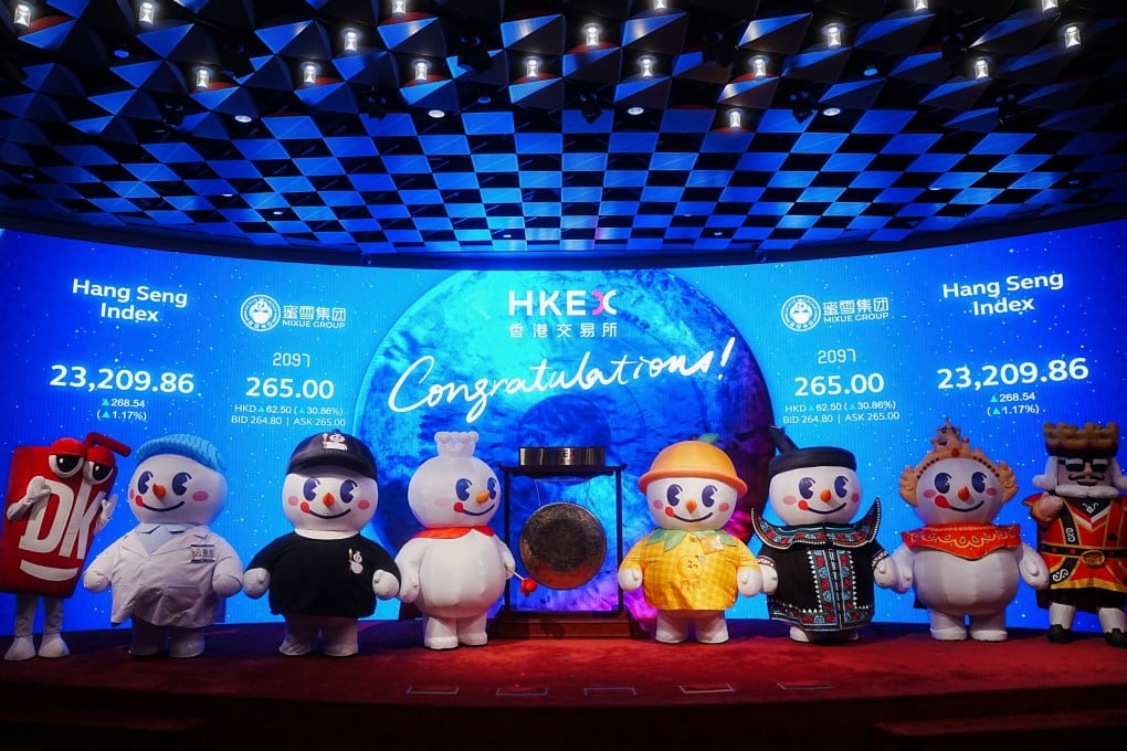 Mascots of the beverages company Mixue Group struck the ceremonial gong to mark the trading debut of the company’s stock at the Hong Kong Stock Exchange on March 3, 2025. Photo: Reuters.