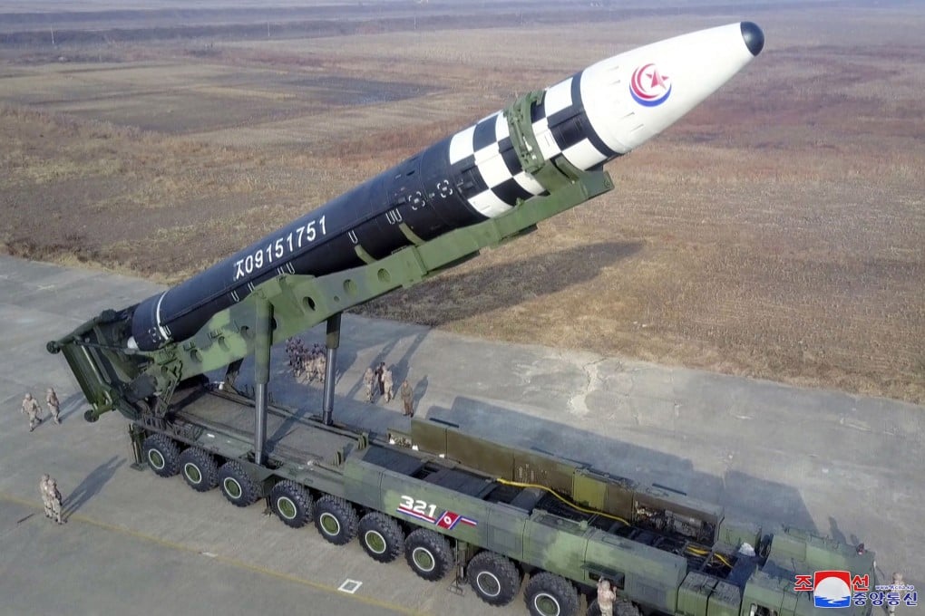 North Korea’s Hwasong-17 intercontinental ballistic missile is seen ahead of its launch, at Pyongyang International Airport in November 2022. Photo: AFP