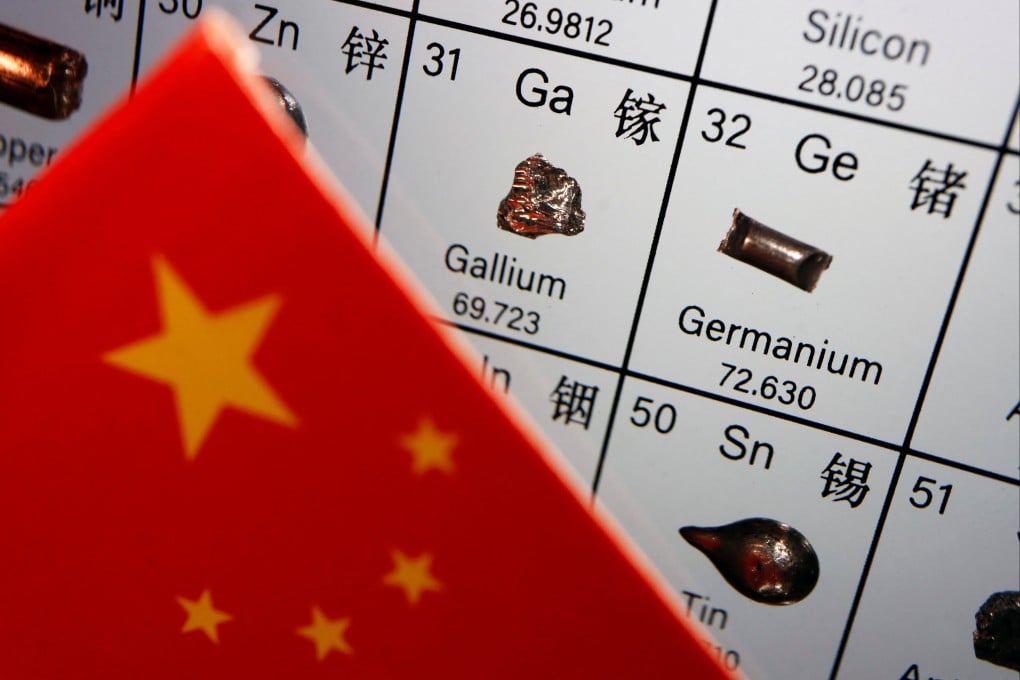 The flag of China is placed next to the elements of gallium and germanium on a periodic table. Illustration: Reuters/Florence Lo