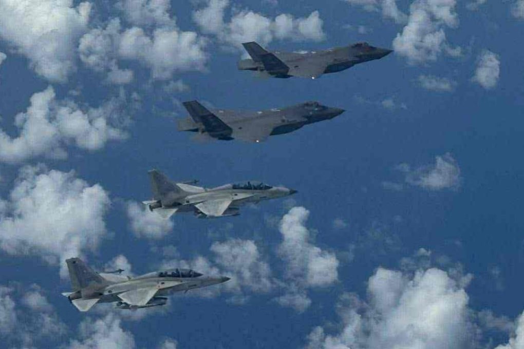 The Philippine Air Force’s FA-50 and Pacific Air Forces’ F-35 aircraft conduct joint patrol exercise during the Cope Thunder drills on Monday. Photo: Philippine Air Force