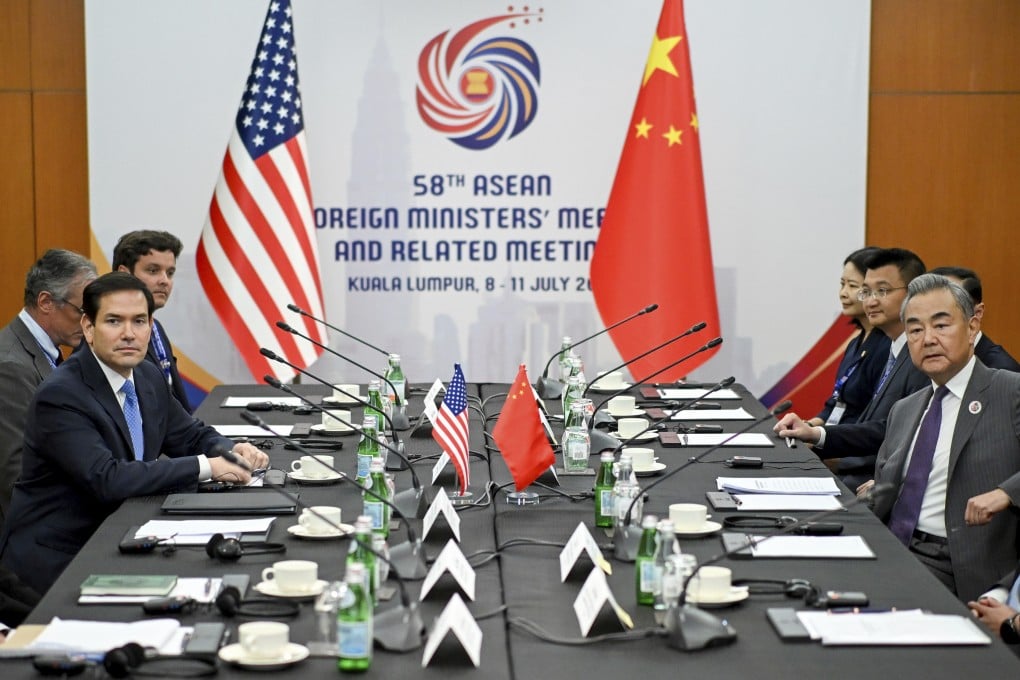US Secretary of State Marco Rubio (front left) meets China’s Foreign Minister Wang Yi at the 58th Asean Foreign Ministers’ meeting in Kuala Lumpur on Friday. Photo: Pool photo via AP