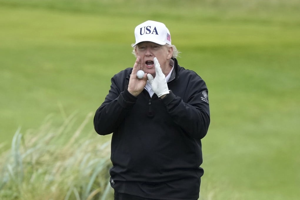 President Donald Trump shouts as he plays golf at the Trump Turnberry golf course in Turnberry, Scotland, on July 27. Photo: AP