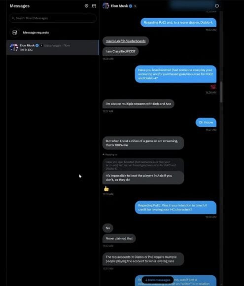 Elon musk 跟NikoWrex的 DM 對話中大方承認找人代打。