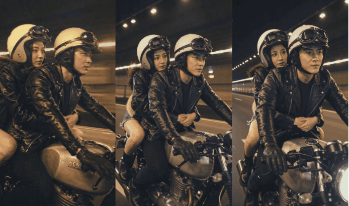 騎士女伴在夜間摩托車行駛中.