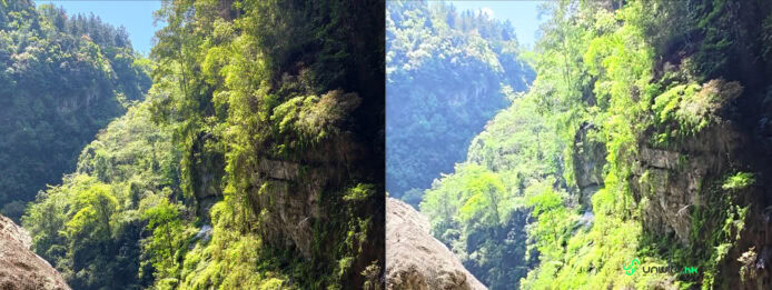 自然山景拍攝對比圖，展示不同相機設定下的山林與綠色植被細節。適合手機攝影與攝像器材評測。.