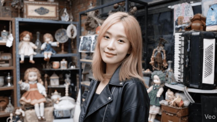 手工藝品店內年輕女性微笑展示各式手工藝品.