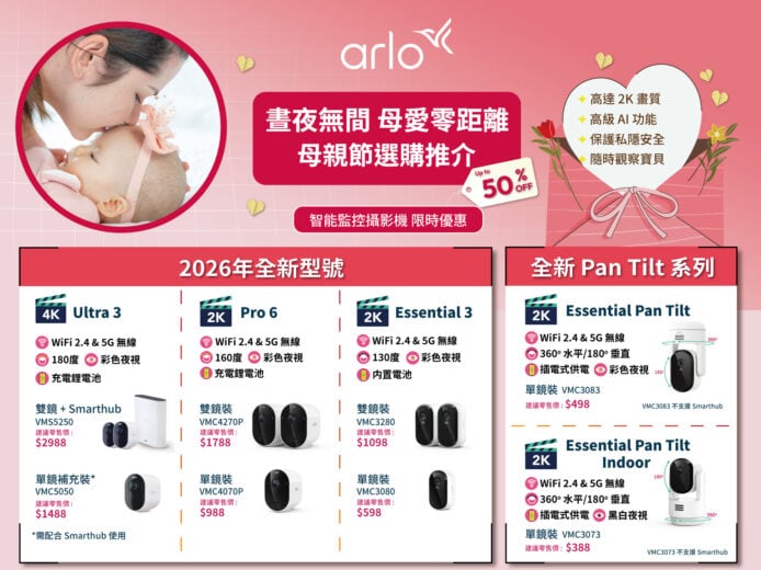 母親節特惠，購買指定Arlo產品即送保溫杯，享受高質智能家居體驗，送禮自用皆適合，限時優惠。.